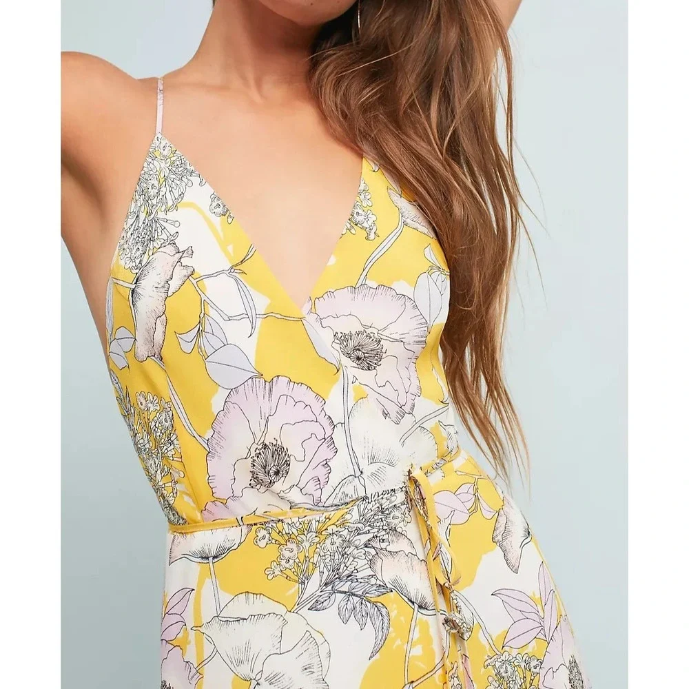 Yumi Kim Anthropologie Silk Floral Maxi Dress Rush Hour Wrap Tie Front Yellow XS - Picture 5 of 16